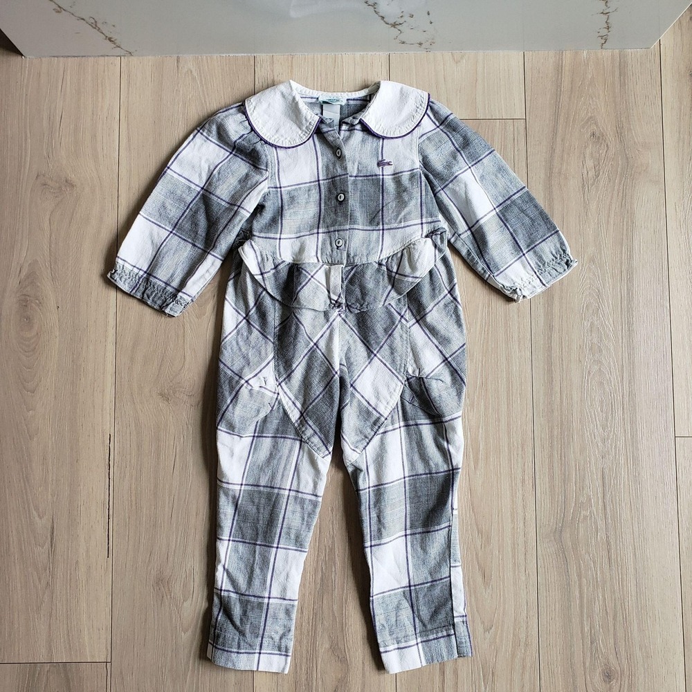Vintage Lacoste Jumpsuit Girls 3T Gray Plaid‎ Collared One Piece Long Sleeve